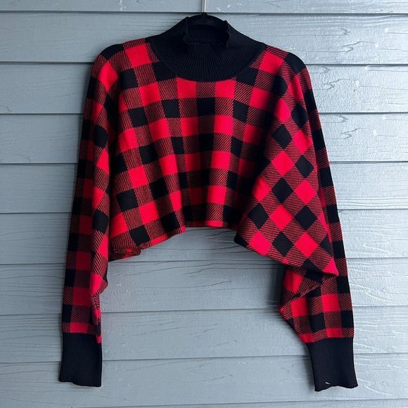 AKIRA Sweaters - NWT Akira Womens Red & Black Knit Plaid Oversized Sweater